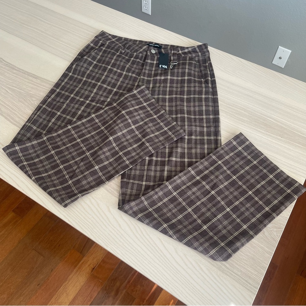 Vandal Brown Cream Plaid Straight Leg Trousers Pants Women’s Size M NWT Street